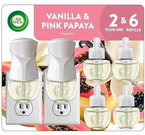 Air Wick Plug In Scented Oil Starter Kit, 2 Warmers + 6 Refills, Vanilla & Pink Papaya, Essential Oils, Air Freshener