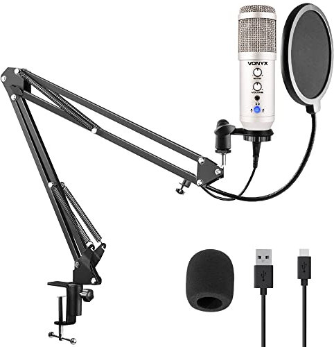 Vonyx CMS320S - microfono Condensador cardioide de Estudio USB, Soporte de Brazo articulado con Anti-Pop e Interface de Audio integrada, Control de Ganancia y Echo, Salida Auriculares, Color Silver