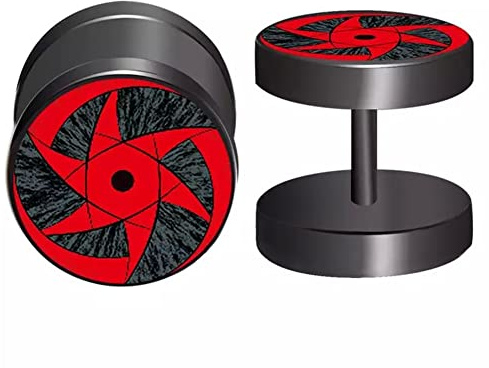 CHICNET Faux piercing d'oreille en acier inoxydable noir rouge, fermeture à vis, 10 mm rond, tige 6 mm x 1,2 mm, œil de Sharingan Naruto, anime Manga, cosplay, homme et femme, 10mm x 1.2mm