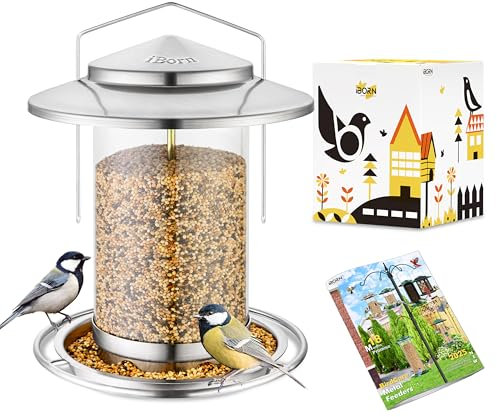iBorn Vogelfutterspender,Metall Vogelfutterhaus zum Aufhängen,Futterstation für Kardinal mit Futterschale,6 Futterlöcher,18 cm großes Dach,Wetterfest Wildvögel Vogelhaus,Nickle