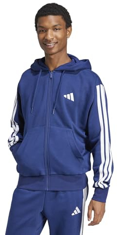 adidas Men's Essentials 3-Stripes Fleece Full-Zip Hooded Track Top, Dark Blue/White, X-Large