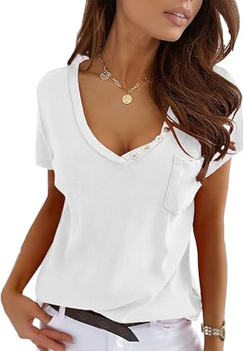 Imily Bela T-shirt femme à manches courtes avec col en V, sexy, estivale, en tunique, décontractée,, Blanc, X-Large