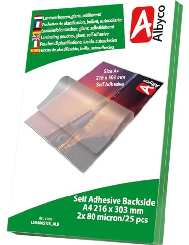 Albyco EINSEITIG SELBSTKLEBENDE Laminierfolien, Laminiertaschen - Format A4, 216x303 mm - Dicke 2x80 (160) Mikron - Glänzend - 25 Stück - Transparent
