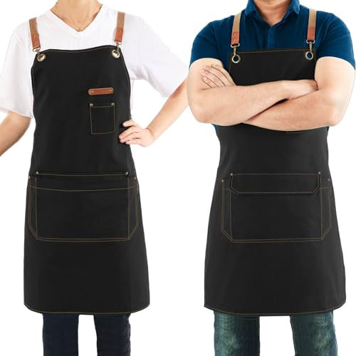 Magimate Canvas Apron with Pockets and Cross-back Straps for Chef Kitchen Cooking BBQ, Barista Bartender Barber Shop and Art Gardening Work Professional Aprons - Black