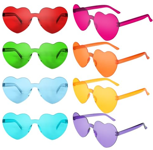 CHRORINE 8/16/24 Paires de Lunettes de Soleil en Forme de Cœur Sans Monture en Verre en Forme de Cœur Transparent en Couleurs Bonbon pour Cadeaux (8, Plusieurs Couleurs)
