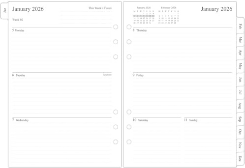 Orgnizme 2026 Diary Refill A5 Size, Week on Two Pages, Monthly Tabs, Filofax A5 Compatible