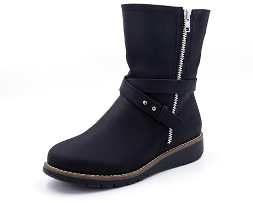 Cushion Walk EEE Extra-Wide Fit Faux Nubuck Leather Calf Length Biker Boots (7 UK, Black)