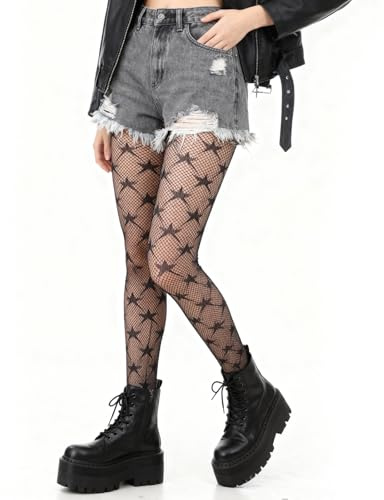 Teaaha Black Fishnets for Women, 2 Pairs Star Fishnet Stockings Womens Sexy Fishnet Tights, Halloween Fish Net Stocking, Gothic Thigh High Waist Mesh Pantyhose Clothes