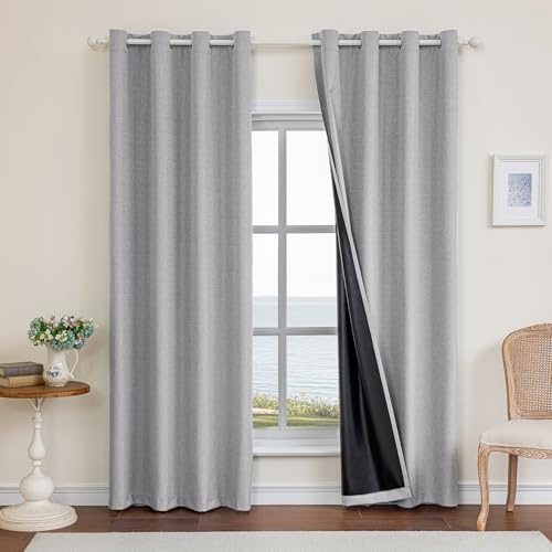 Ystyle 100% Cortinas Opacas 2 Piezas, 140x245cm, Lino Cortinas Dormitorio con Ojales Anti Luz Cortina Termica Aislantes Frio y Calor para Salon, Gris Claro