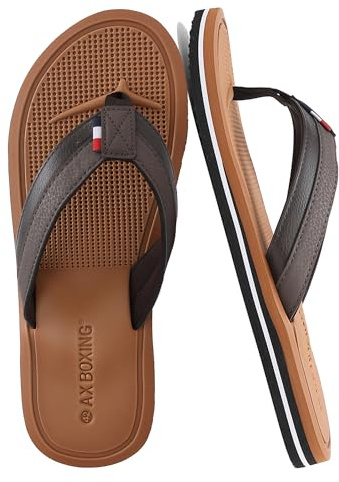 AX BOXING Chanclas Hombre Sandalias de Dedo Cuero Chancletas Verano Antideslizantes y Cómodas Flip Flops Pantuflas para Playa Piscina Interior Exterior Marrón 43
