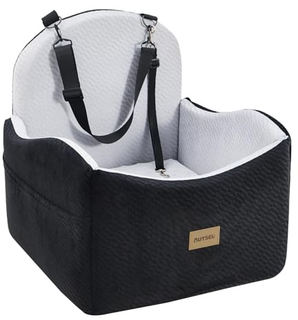 Autsel Asiento de Coche para Perros Medianos y Pequeños – Elevador Impermeable y Lavable con Arnés, Bolsillos y Base Antideslizante, para Asiento Trasero o Delantero, Negro-Gris