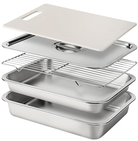 Stainless Steel BBQ Grilling Prep and Serve Tray Set, Food Preparation Container with Lid, Cutting Board, Wire Rack and Marinade Pan for Outdoor Cooking,Grill Gifts for Grill Lovers