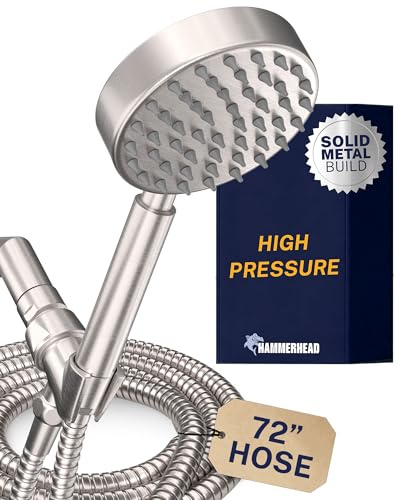 HammerHead Showers® Solid Metal Handheld Shower Head with Hose and Brass Holder - BRUSHED NICKEL - 2.5 GPM High Pressure Shower Heads with Adjustable Shower Wand Bracket - 6ft Flexible Extension