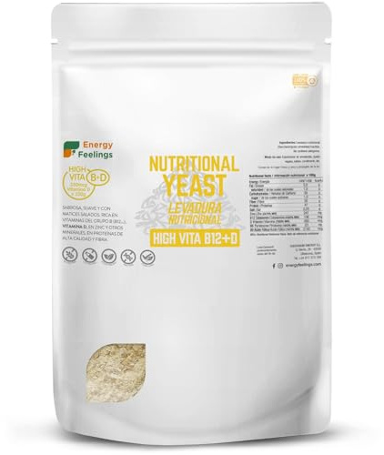 Energy Feelings Levadura Nutricional Vitamina B+D 1kg, Levadura Nutritiva en Copos Rica en Vitamina B y Proteínas 47%, Nutritional Yeast Sin Gluten, Sin Azucar, Ideal para Queso Vegano