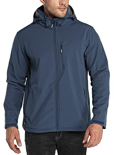 33,000ft Men's Waterproof Jackets Fleece Lining Softshell Jacket - Multi Pockets Outdoor Windproof Coat With Detachable Hood Navy blue L