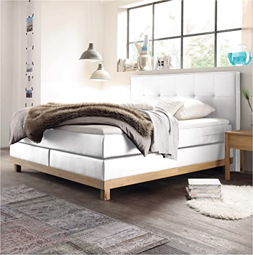 Hasena Boxspringbett Bella Eiche Bianco|Kunstleder weiß Größe 160x200 cm Superio Topper (Soft)