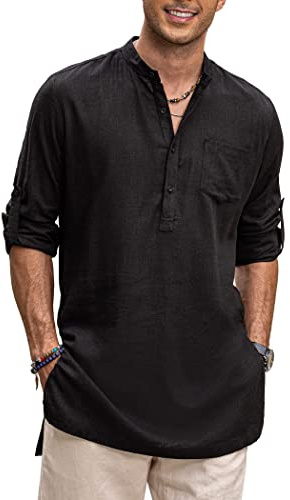 COOFANDY Men's Linen Henley Shirts Long Sleeve Collarless Longline Shirts Short Kurta Beach Shirts with Pocket Black