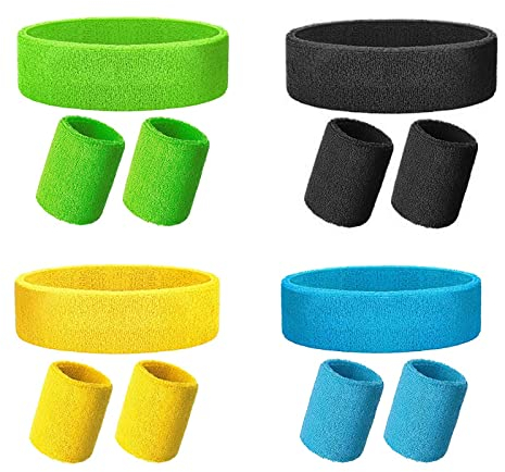 12 Stück Schweissband Set 80er Jahre Schweissband, Neon 80er Jahre Stirnband Outfit 4 Farben Schweissband Handgelenk Stirnband für Damen Herren Basketball Tennis Fitnessstudio