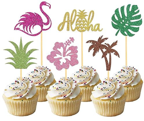 24 Pièces Scintillantes Tropical Décoration Gâteau Anniversaire, Flamant Rose Cupcake Toppers, Aloha Cake Topper Ananas Décoration pour Hawaii Aloha Luau Décoration de Fête d'été (Aloha Doré)