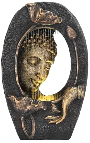 TERESA'S COLLECTIONS Grand Bouddha et lotus avec lumières, fontaine cascade pour intérieur ou extérieur, décorations détaillées en résine d'eau pour bassin intérieur ou extérieur, 55 cm