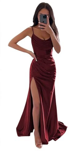 Sincemeet Meerjungfrau Satin Abendkleid mit Schlitz Spaghettiträgern Lange Brautjungfer Satin Wickelkleid Ballkleider