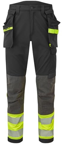 Portwest EV442 EV4 Hi-Vis Stretch Water Resistant Work Trousers with Detachable Holster Pocket - Reflective Breathable High Visibility Workwear, Yellow/Black Tall, 36