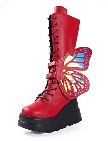 Gothniero Chunky Platform Rave Boots Knee High Goth Boot for Women with Butterfly wings Cosplay Motorcycle Gothic emo Booties Size 3UK-8UK