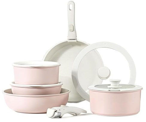 11-Piece Non-Stick Cookware Set with Frying Pans, Saucepans, Saute Pan, Oven-Safe & Dishwasher-Safe, Removable Handle, Induction & Gas Compatible (Pink)
