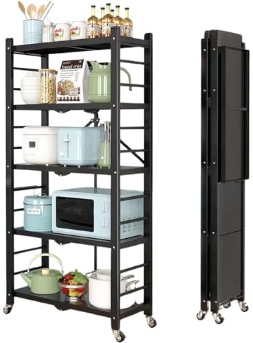 WUDLEP 5-Regal faltbar Lagerung Regale mit Rädern, Upgraded Heavy Duty Metallregal, große Kapazität Regaleinheit, Rolling Regal Keine Montage für Küche, Garage und Wäsche Badezimmer
