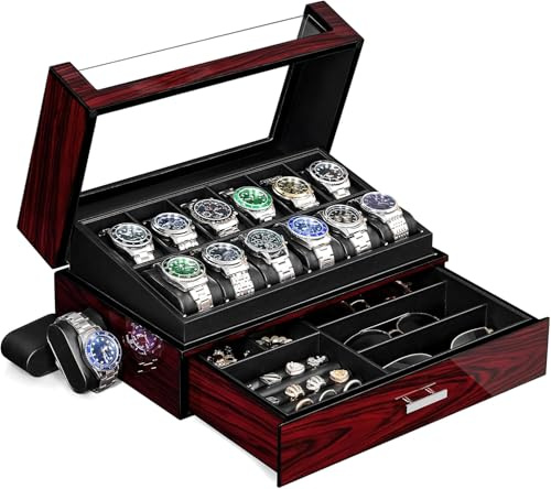 ANWBROAD Caja Relojes para Hombre 12 Compartimentos Tapa de Cristal Caja de Relojes 2 Capas de Pintura Relojero Organizador para Guardar Joyas Forro de PU Regalo para Hombre y Mujer JWB005Y