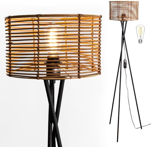 Osasy lamparas de pie con Pantalla de Ratán candeeiro de pé trípode, lampara de pie led regulable Fusión Industrial-Natural para Salón y Dormitorio