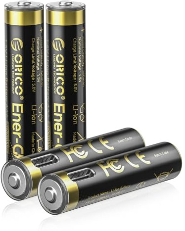 ORICO Ener-G - Batería de iones de litio AAA recargables con carga rápida de 1 hora, puerto tipo C, paquete de 4, 1.5 V 500 mWh y tiempos de recarga de hasta 1500 x, para mandos a distancia, juguetes