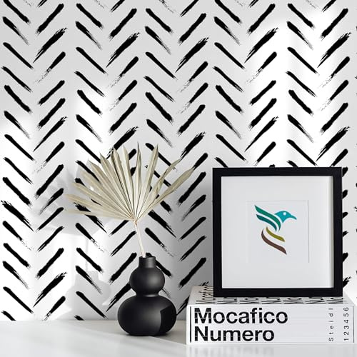 Fiula Självhäftande Tapet 44 Cm X 3 M Självhäftande Film Möbelklistermärken Svart Vita Ränder Tapet Geometrisk Självhäftande Tapet Modern Vinyl Wrap Vattentät Sovrum Vardagsrum Fiskbensmönster