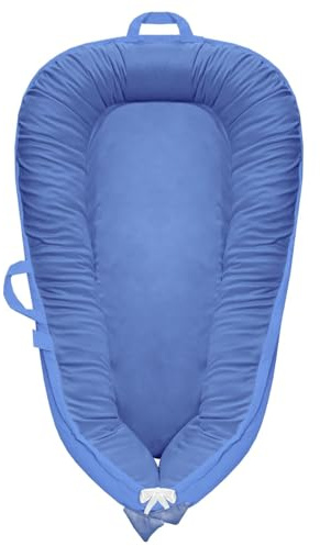 Baby Nest Pod Newborn Lounger, Baby Pod Reversible Soft Breathable 2-in-1 Cotton & Flannel for All-Season, Portable Adjustable Newborn Nest Pod for 0-24 Months Baby Boys Girls Blue