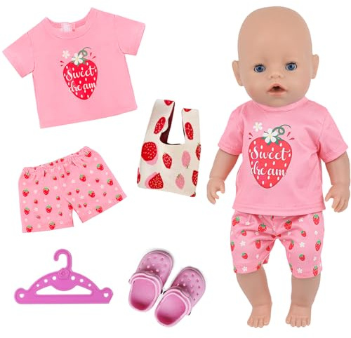 Xerteam Puppenkleidung 43 cm, für 30-45 cm Baby Puppen, Puppenzubehör-Erdbeer-Pyjama, Erdbeer Tasche für Kinder, Kleiderbügel, Schuhe Mit Kleinen Löchern, Erdbeersüß-Stil (Ohne Puppe)