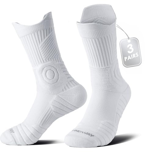 Findway 3 Pairs Compression Running Socks Men Women Moisture Wicking Anti-Blister Socks Cushioned Athletic Sports Socks for Basketball Hiking Running,5-8 White