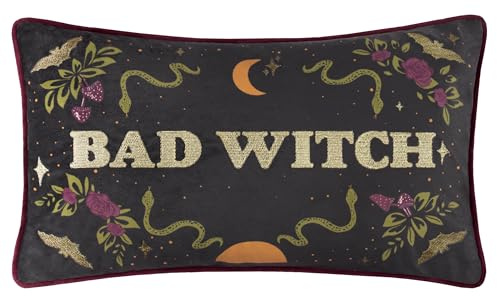 furn. Housse de Coussin Bad Witch – Housse décorative réversible en Velours brodé Halloween avec Fil métallique (Magie Noire - 30x50cm)