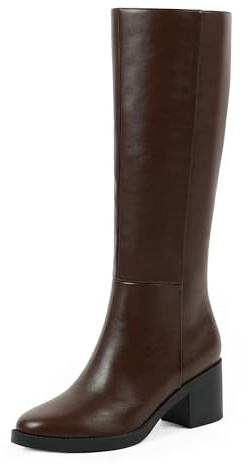 Easyfox Brown Boots for Women Low Heeled Leather Chocolate Knee High Boots Chunky Heel Tall Long Boot Round Toe Dress Block Heel Calf High Boot 2025 Size 8