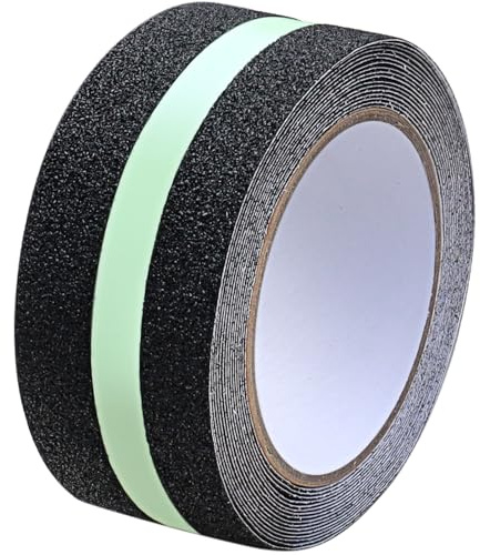 Mythlon Cinta Antideslizante Escaleras con Tira Fotoluminiscente 5m x 5cm, Cinta Adhesiva Seguridad Abrasiva para Peldaños Exterior Interior, PVC Impermeable Fuerte Agarre Negro Brilla en Oscuridad
