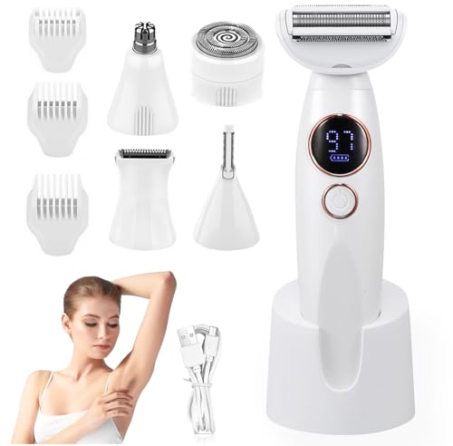 Afeitadora eléctrica para mujer, 5 en 1, afeitadora íntima para mujer, IPX7, resistente al agua para afeitado en húmedo y seco, recargable con USB, recortadora para zona del bikini, axilas, piernas y