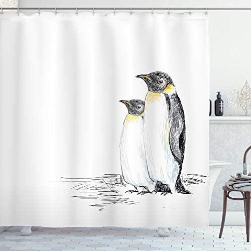 ABAKUHAUS Tier Duschvorhang, Hand Drawn Penguins Kunst, Stoffliches Gewebe Badezimmerdekorationsset mit Haken, 175 x 220 cm, Weiß Gelb Schwarz