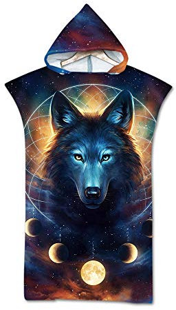 Stillshine. Männer Damen 3D Poncho Strandtücher Kaputzen Strand Bade Bademantel Schwimmen Surfen Sport Kapuzenhandtuch Badetuch Duschtücher Handtücher (3D Wolf)