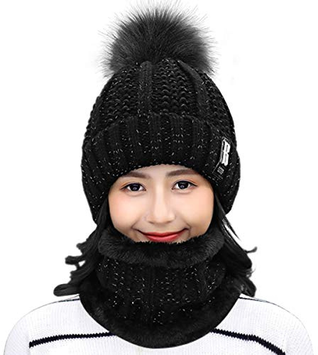HIDARLING Winter Hats Women Ladies Double Layer Fleece Line Beanie Hat with Bobble Pom Pom Hats