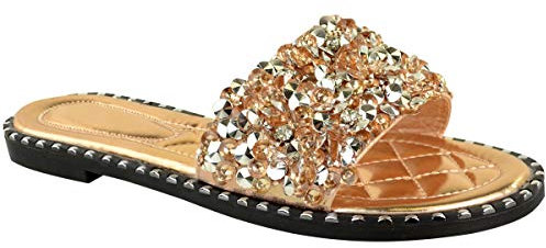 Fashion Thirsty Womens Ladies Flat Low Heel Diamante Sandals Slip On Party Wedding Bling Sliders Slides Beach Pool Holiday Travel Sandals