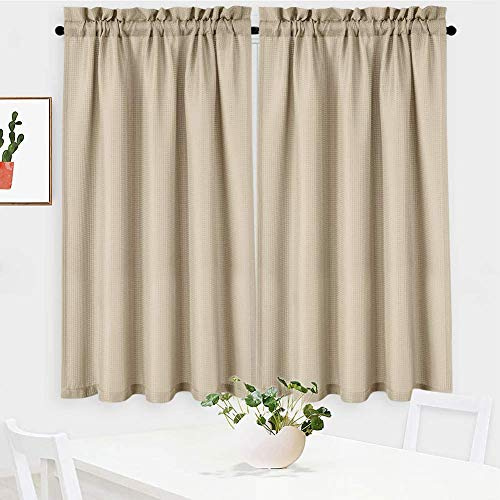 LinTimes Tende a disco Tenda in velluto con coulisse, tende a disco waffle stile country per cucina, bagno, tende da bistrot semitrasparenti, 2 pezzi, naturale, 76x114 cm