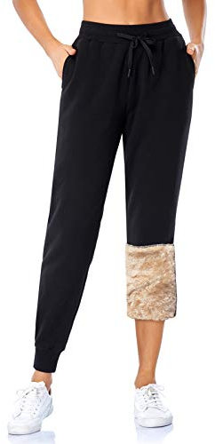 MOVE BEYOND Gefütterte Jogginghose Damen Warm Thermo Fleecehose Winter Verdickte Kuschelhose mit 2 Taschen Sherpa-Innenfutter Kordelzug Sweathose, Schwarz, XL