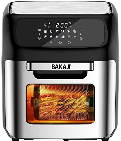 Bakaji Four friteuse à air chaud Frigge Cuisinière grille sèche sans huile Airfryer capacité 12 l écran LED tactile 12 programmes minuterie réglage température puissance 1800 W (argent)