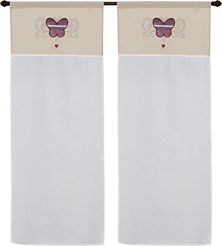 Par de cortinas de cristal para cocina Art Nancy shabby tejido efecto lino seda de poliéster con bordado mariposa motivo escocés y volantes de encaje macramre, tamaño 60 x 150 cm dis beso volante rojo