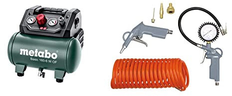 metabo 601501000 - Compresor Basic 160-6 W OF Potencia 0,9 Kw calderín 24 l Couleur & ABAC 6 Pièces Kit d'Accessoires Pour Compresseur G-813, Comprenant un Gonfleur de Pneus avec Manomètre