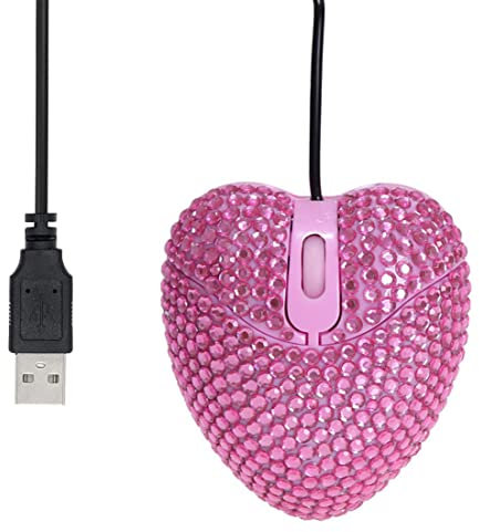 Romeeton DIAMANTE MOUSE per ragazza, mouse rosa a forma di cuore con cavo USB per PC, computer portatile, simpatico mouse cablato